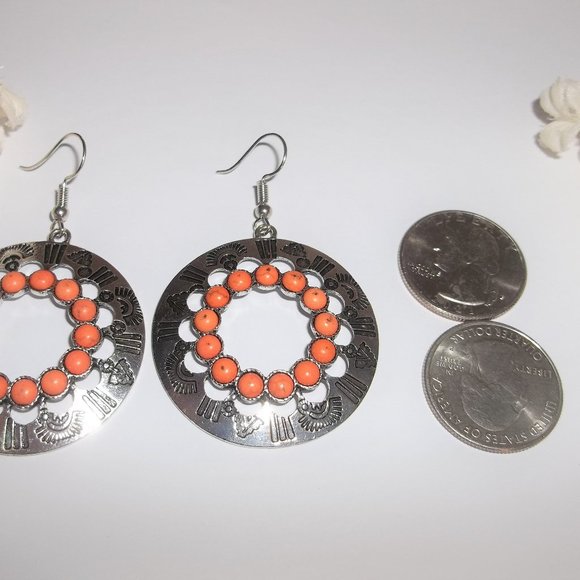 Hoop Earring Orange Silver Southwestern Tribal Aztec Boho Style Drop Dangle A482 - Picture 3 of 5